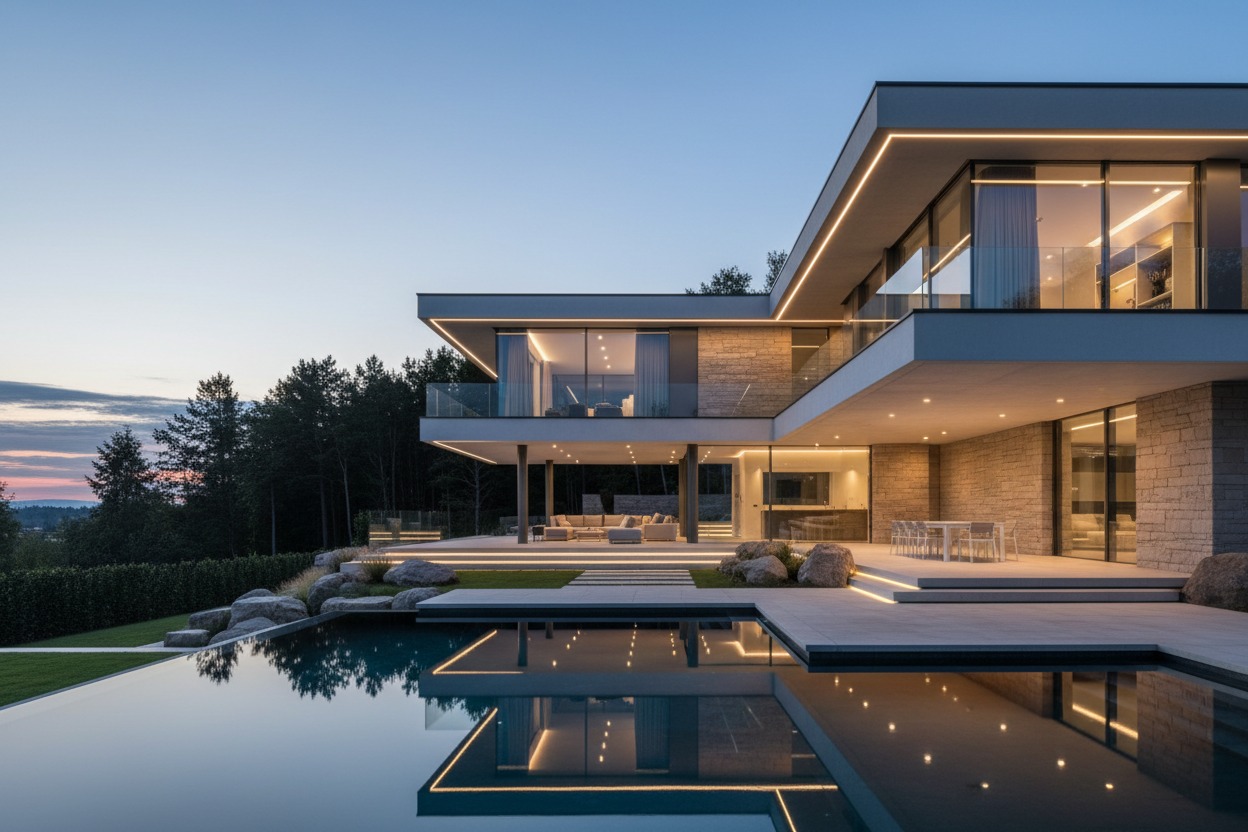 Eine moderne Luxusvilla mit großen Glasfronten und beleuchteten Außenbereichen steht in der Dämmerung neben einem Swimmingpool.